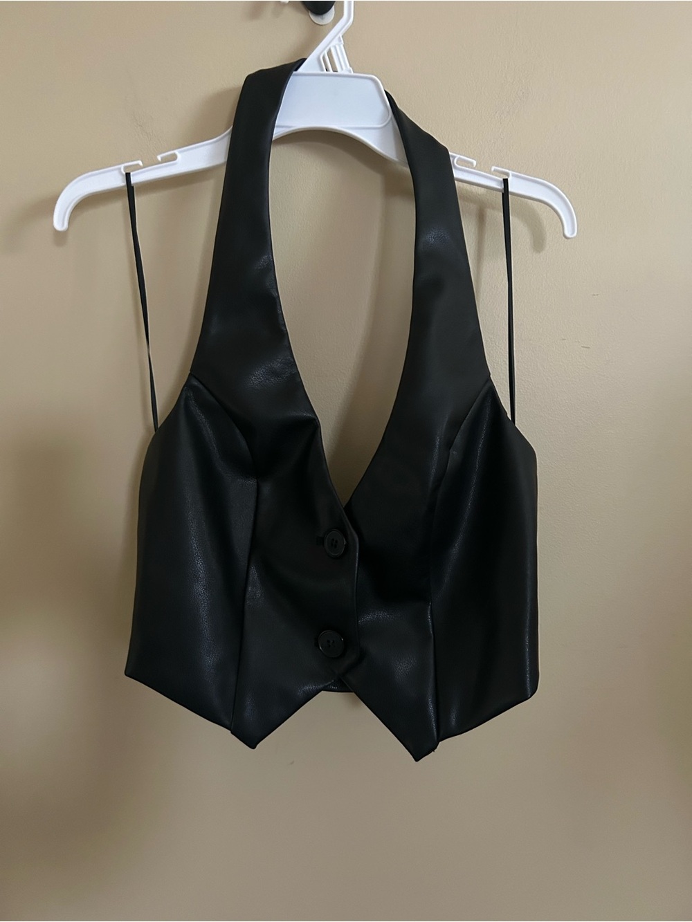Black Faux Leather Halter Vest Top Cropped